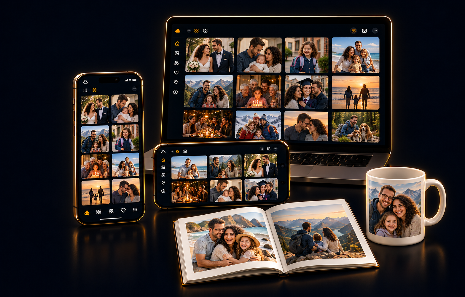 Foto-Cloud mit wiedererkennbaren Familienmomenten: Hochzeit, Kindheit, Urlaub und gemeinsame Erinnerungen