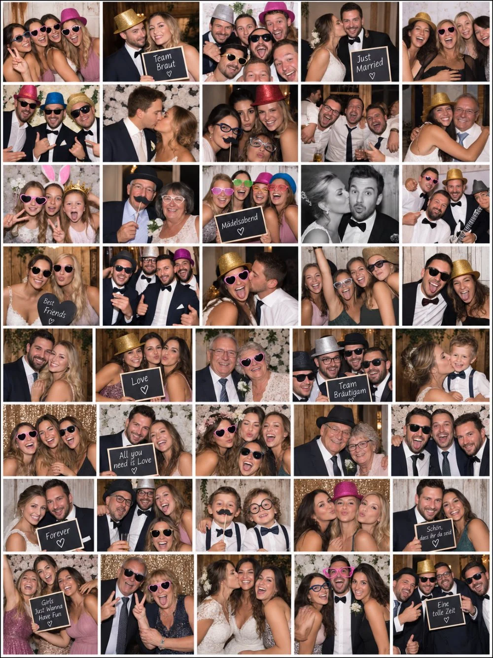 Collage aus vielen Fotobox-Bildern einer Hochzeit